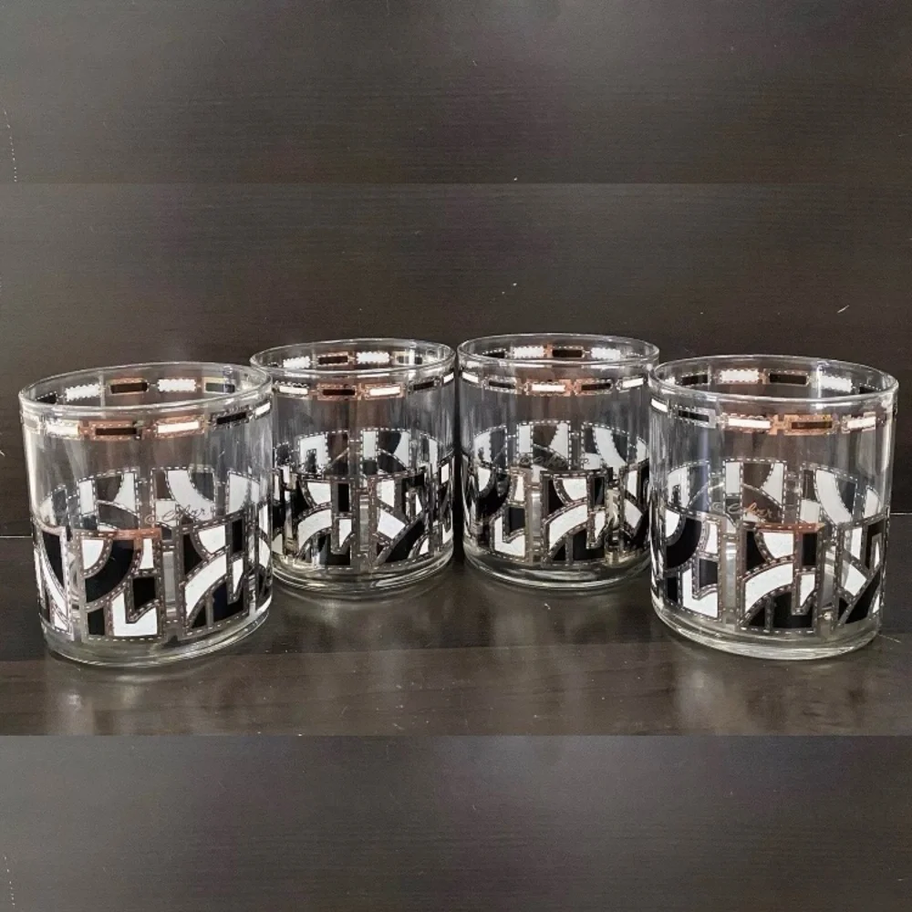 4 CULVER Rare HTF MidMod Silver White Black Abstract Design Rock Tumbler Glass